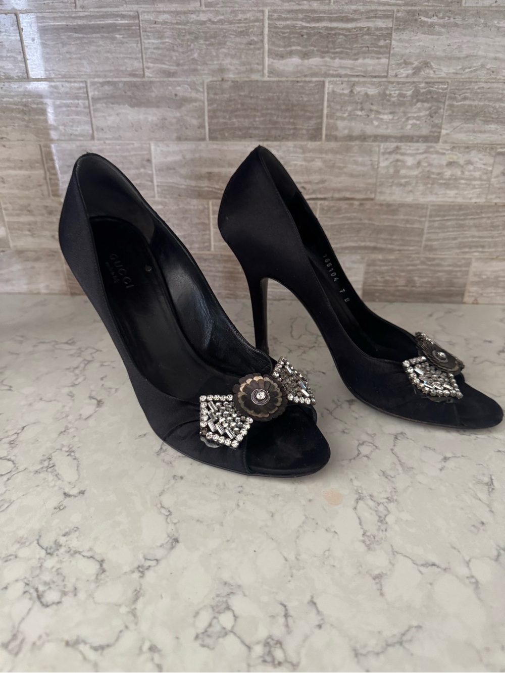 Gucci Black Satin Peep-Toe Heels with Crystal Floral Accent
